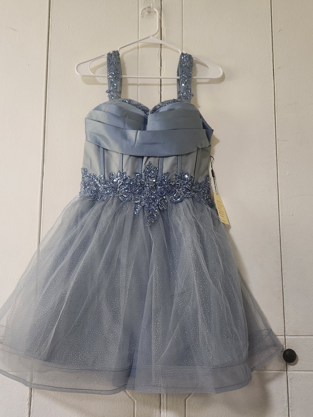 Satin & Tulle Dusty Blue Party Mini Dress - Picture 2 of 16